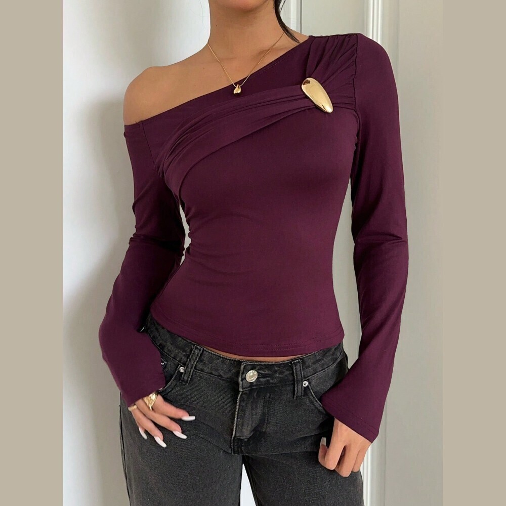 Plum Asymmetrical Off Shoulder Gold Hardware Fitted Top
